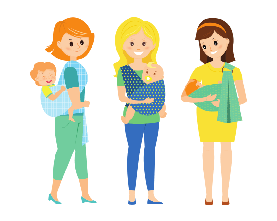 ilustración de las maneras de portear a tu bebe: fular, mochila ergonómica y bandolera